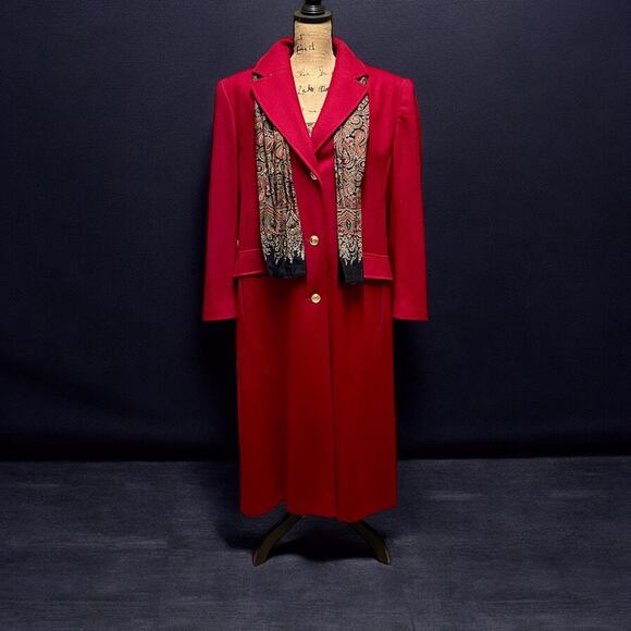 Red Wool Chesterfield Coat w Scarf-JG Hook-Size 14-Long-Winter-Single Breasted - Picture 1 of 11